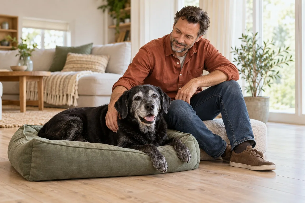 Older-looking black dog resting near an owner seated at home