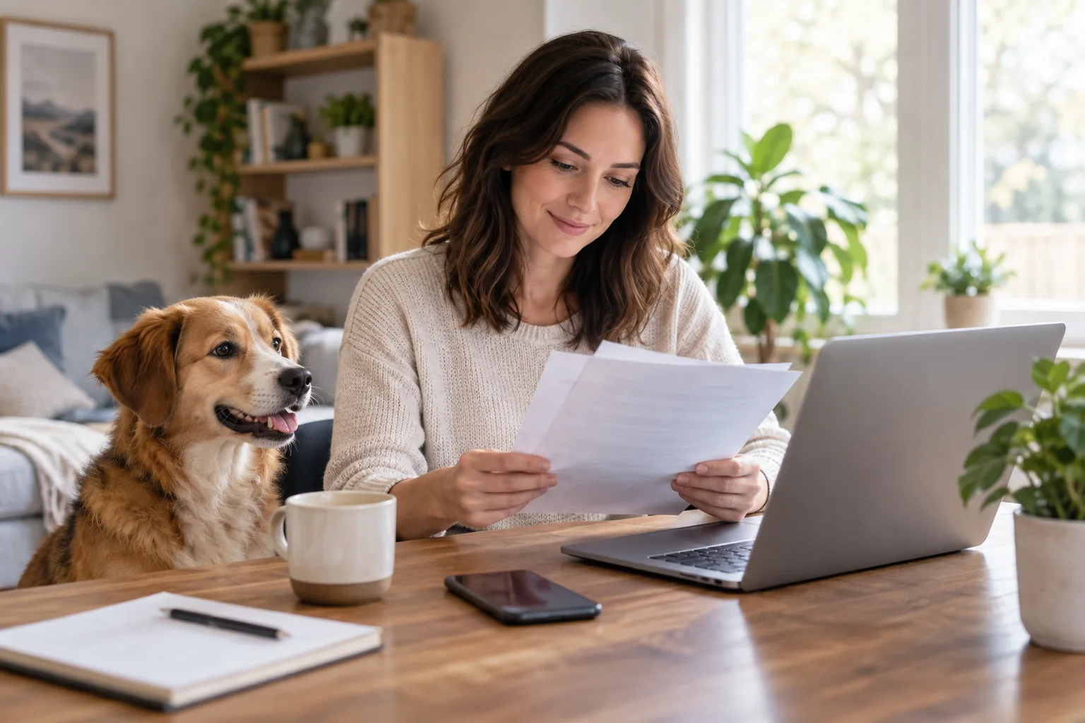 Owner comparing documents beside a dog